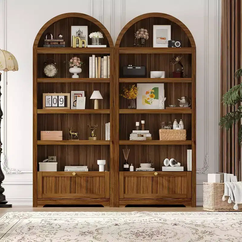 72 Arched Bookshelf with Storage Drawer, Modern 6-Tier Wood Display Cabinet with Open Shelves and Bottom Drawer, Curved Cabinet Door