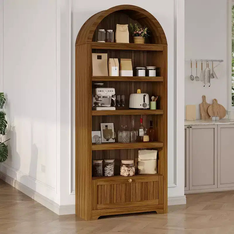 72 Arched Bookshelf with Storage Drawer, Modern 6-Tier Wood Display Cabinet with Open Shelves and Bottom Drawer, Curved Cabinet Door