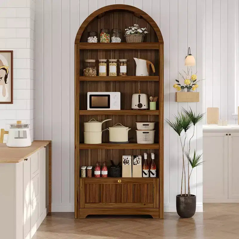 72 Arched Bookshelf with Storage Drawer, Modern 6-Tier Wood Display Cabinet with Open Shelves and Bottom Drawer, Curved Cabinet Door
