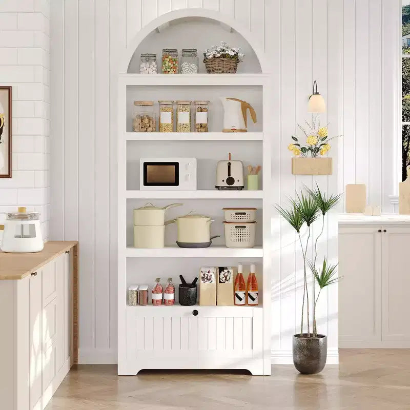 72 Arched Bookshelf with Storage Drawer, Modern 6-Tier Wood Display Cabinet with Open Shelves and Bottom Drawer, Curved Cabinet Door