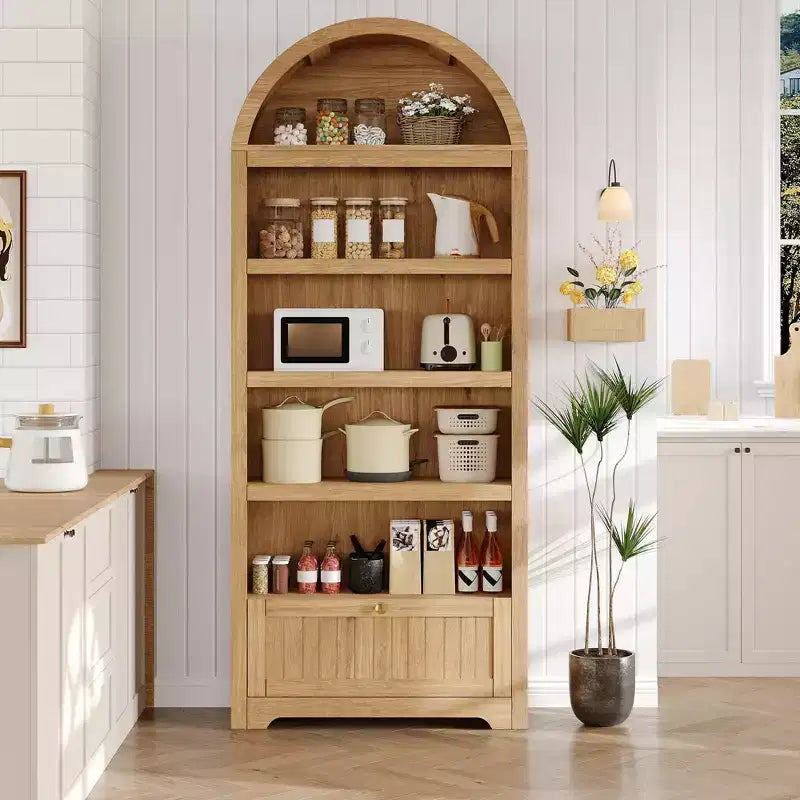 72 Arched Bookshelf with Storage Drawer, Modern 6-Tier Wood Display Cabinet with Open Shelves and Bottom Drawer, Curved Cabinet Door