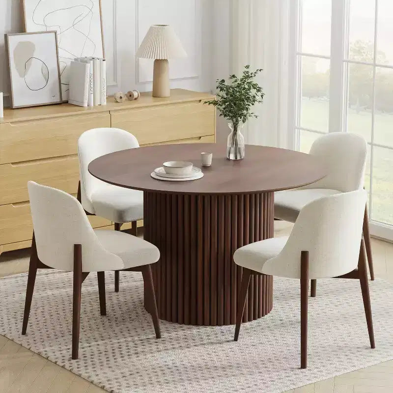 PexFix 46 inch Wood Round Dining Table Circle Kitchen Table with Wood Strip Base Modern Farmhouse Dinner Tables for Kitchen Living Room Walnut
