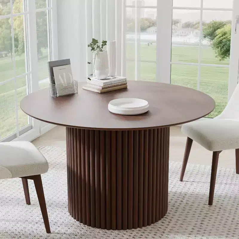 PexFix 46 inch Wood Round Dining Table Circle Kitchen Table with Wood Strip Base Modern Farmhouse Dinner Tables for Kitchen Living Room Walnut
