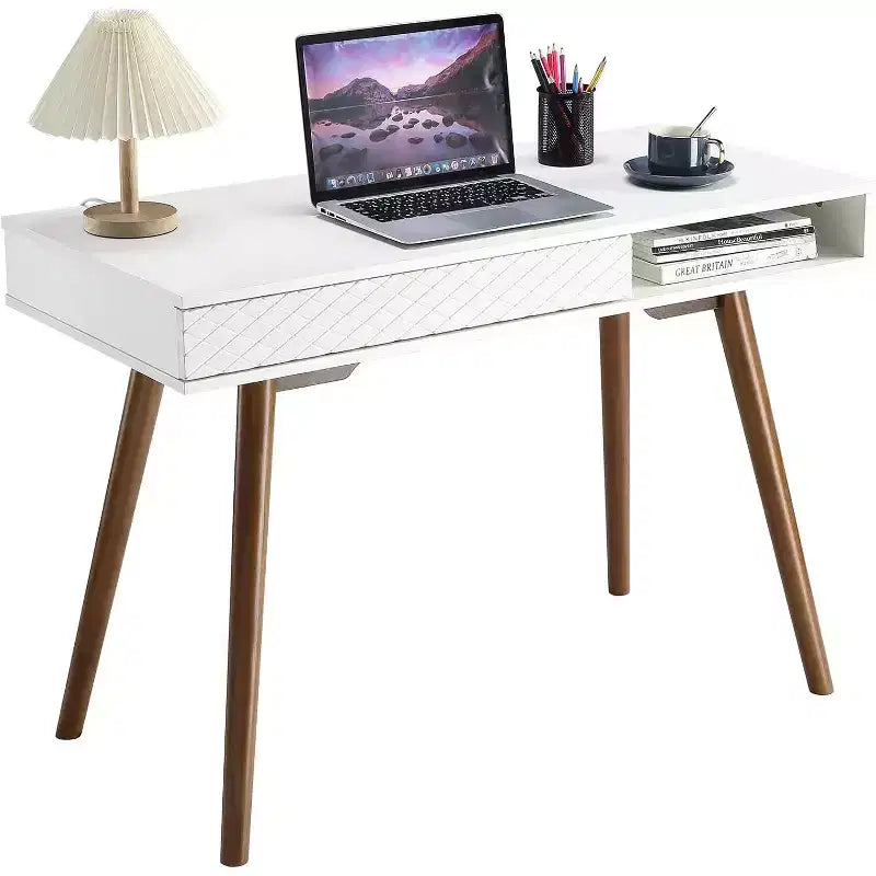 Acekool 42 Mid-Century Modern Computer Desk with Drawer and Open Storage Cubby, Home Office Desk for Gaming, Study, Writing, White