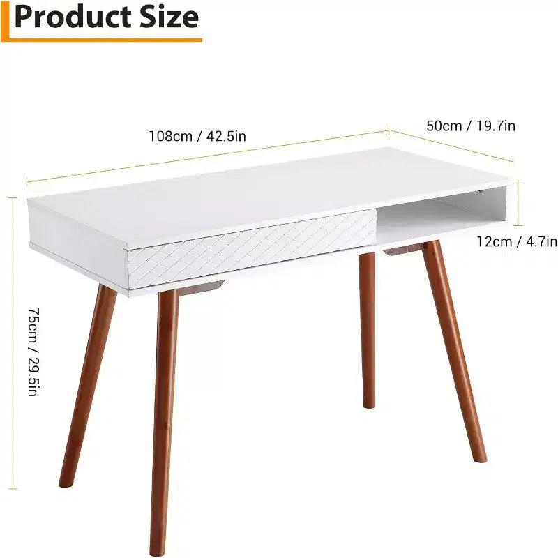 Acekool 42 Mid-Century Modern Computer Desk with Drawer and Open Storage Cubby, Home Office Desk for Gaming, Study, Writing, White