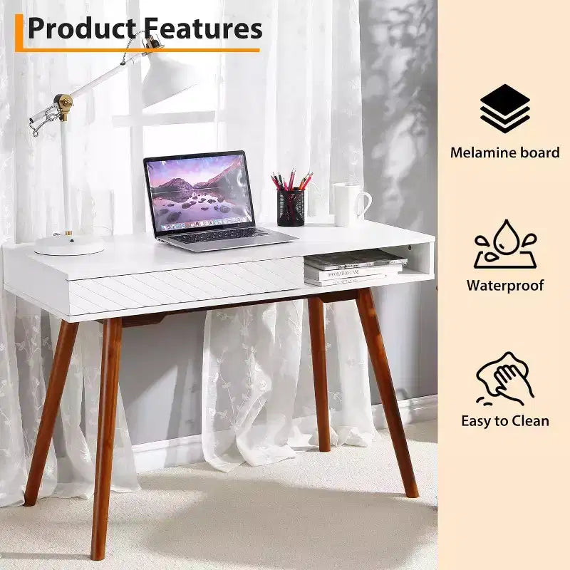 Acekool 42 Mid-Century Modern Computer Desk with Drawer and Open Storage Cubby, Home Office Desk for Gaming, Study, Writing, White