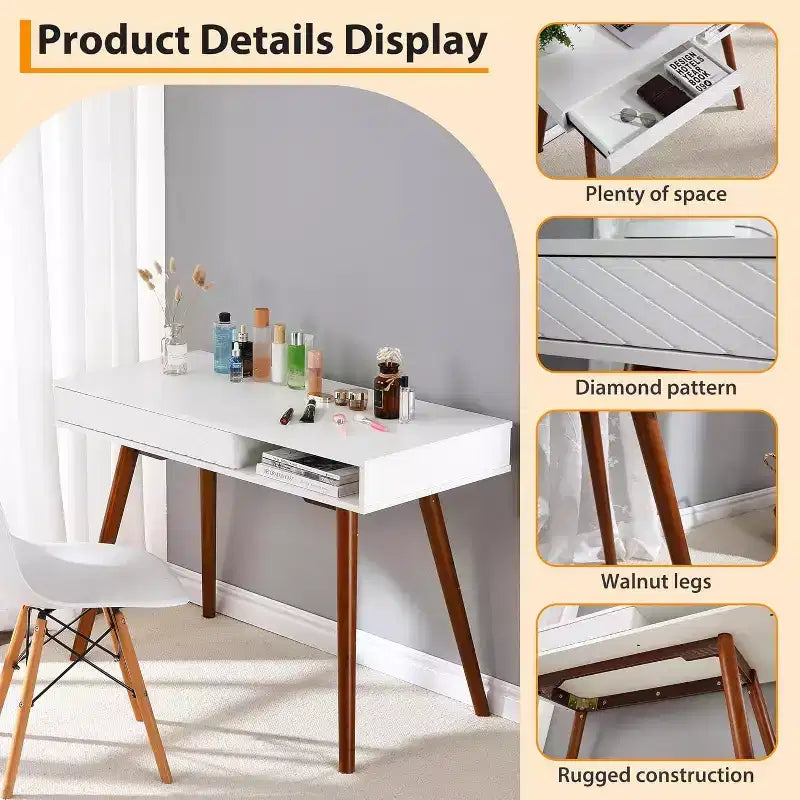 Acekool 42 Mid-Century Modern Computer Desk with Drawer and Open Storage Cubby, Home Office Desk for Gaming, Study, Writing, White