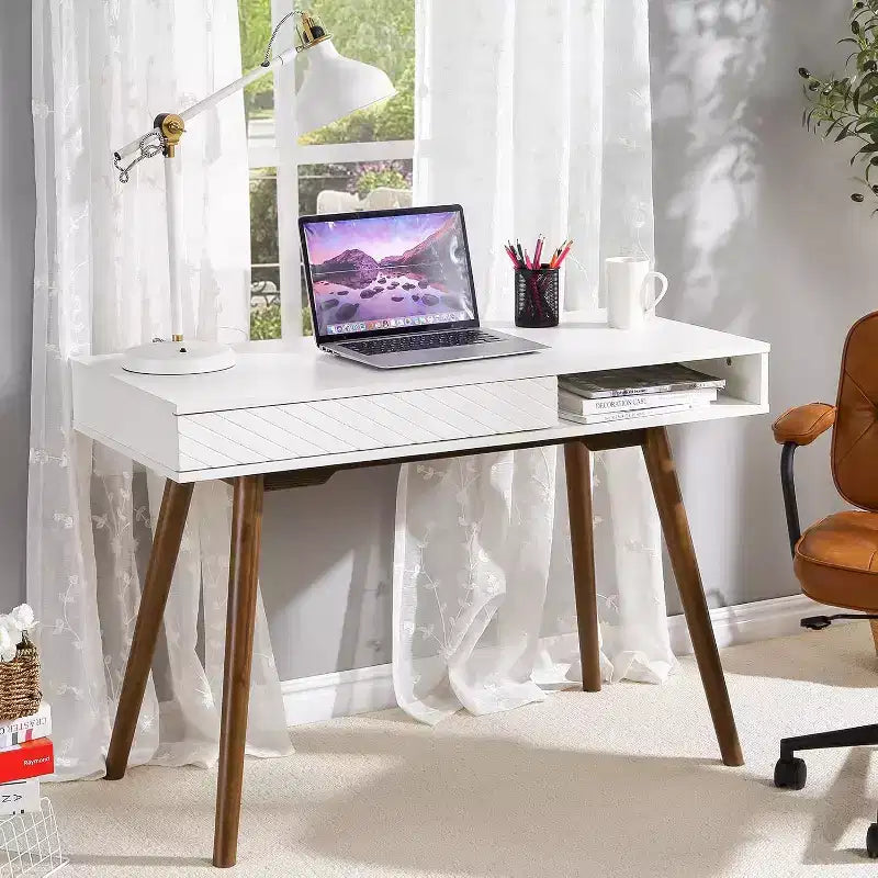 Acekool 42 Mid-Century Modern Computer Desk with Drawer and Open Storage Cubby, Home Office Desk for Gaming, Study, Writing, White