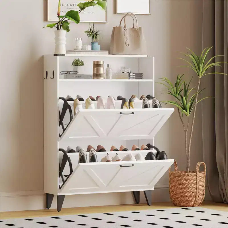 Shoe Cabinet with 2 Flip Drawers for Entryway, Freestanding Shoe Cabinet Organizer with Open Storage, Free Standing Shoe Rack Cabinet Corner
