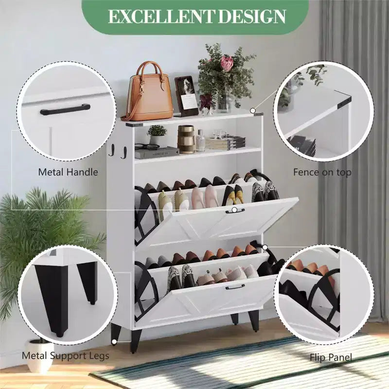Shoe Cabinet with 2 Flip Drawers for Entryway, Freestanding Shoe Cabinet Organizer with Open Storage, Free Standing Shoe Rack Cabinet Corner