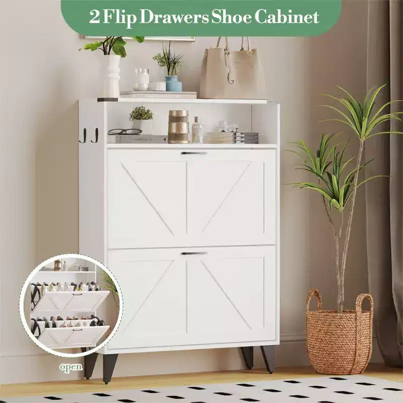 Shoe Cabinet with 2 Flip Drawers for Entryway, Freestanding Shoe Cabinet Organizer with Open Storage, Free Standing Shoe Rack Cabinet Corner