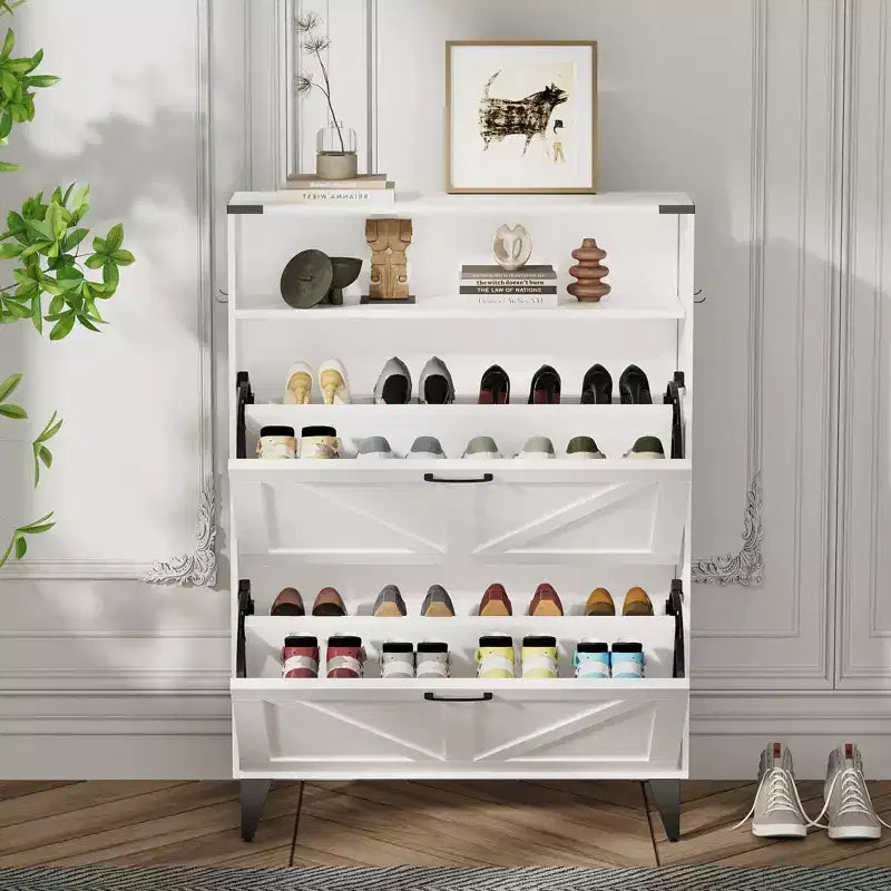 Shoe Cabinet with 2 Flip Drawers for Entryway, Freestanding Shoe Cabinet Organizer with Open Storage, Free Standing Shoe Rack Cabinet Corner