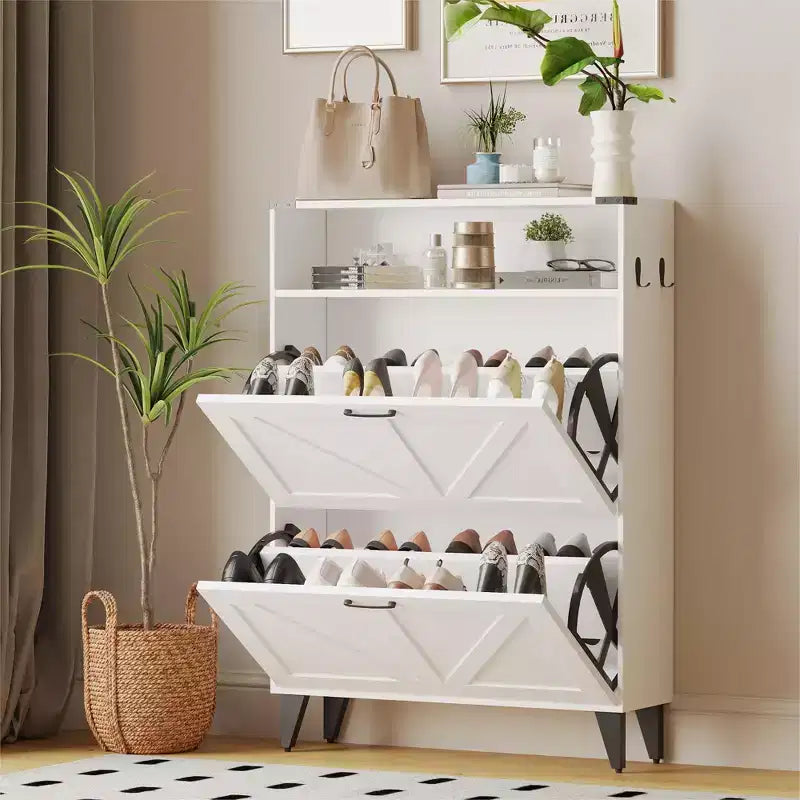 Shoe Cabinet with 2 Flip Drawers for Entryway, Freestanding Shoe Cabinet Organizer with Open Storage, Free Standing Shoe Rack Cabinet Corner
