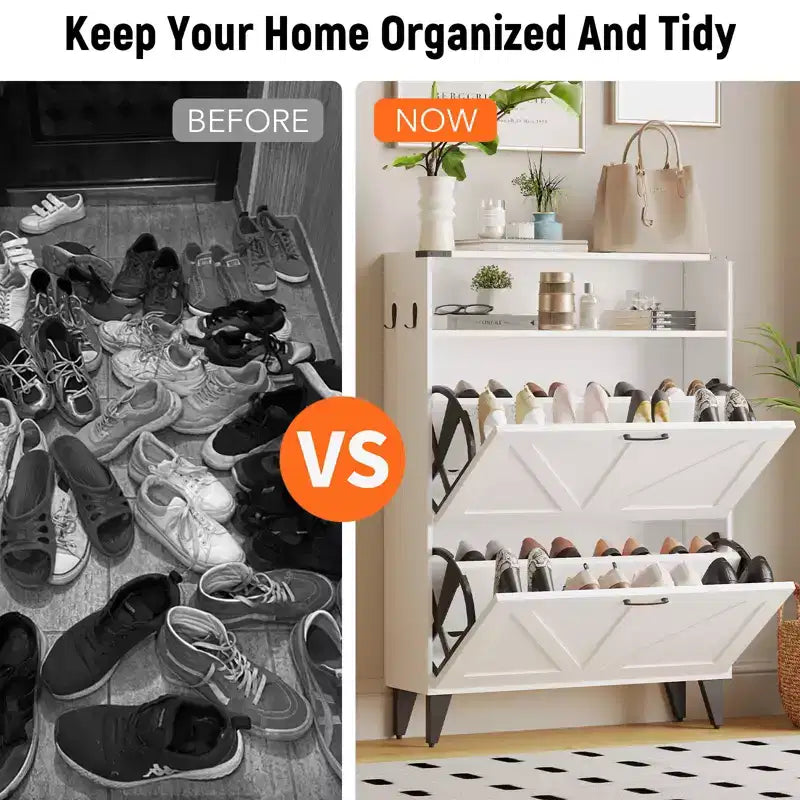 Shoe Cabinet with 2 Flip Drawers for Entryway, Freestanding Shoe Cabinet Organizer with Open Storage, Free Standing Shoe Rack Cabinet Corner