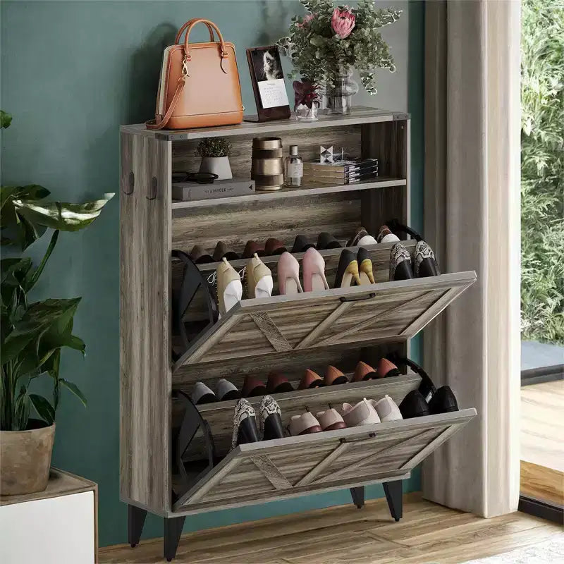 Shoe Cabinet with 2 Flip Drawers for Entryway, Freestanding Shoe Cabinet Organizer with Open Storage, Free Standing Shoe Rack Cabinet Corner