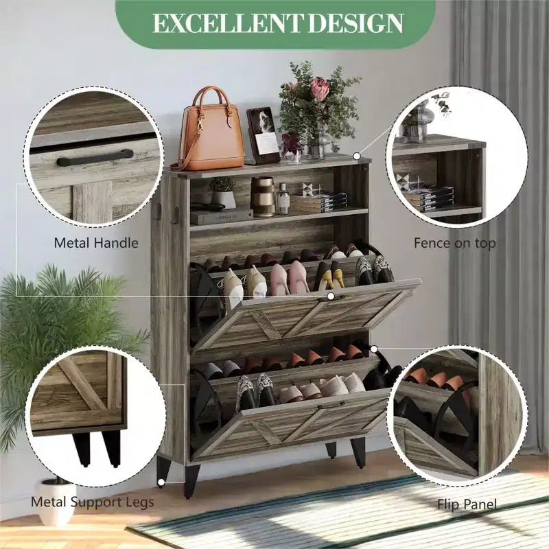 Shoe Cabinet with 2 Flip Drawers for Entryway, Freestanding Shoe Cabinet Organizer with Open Storage, Free Standing Shoe Rack Cabinet Corner