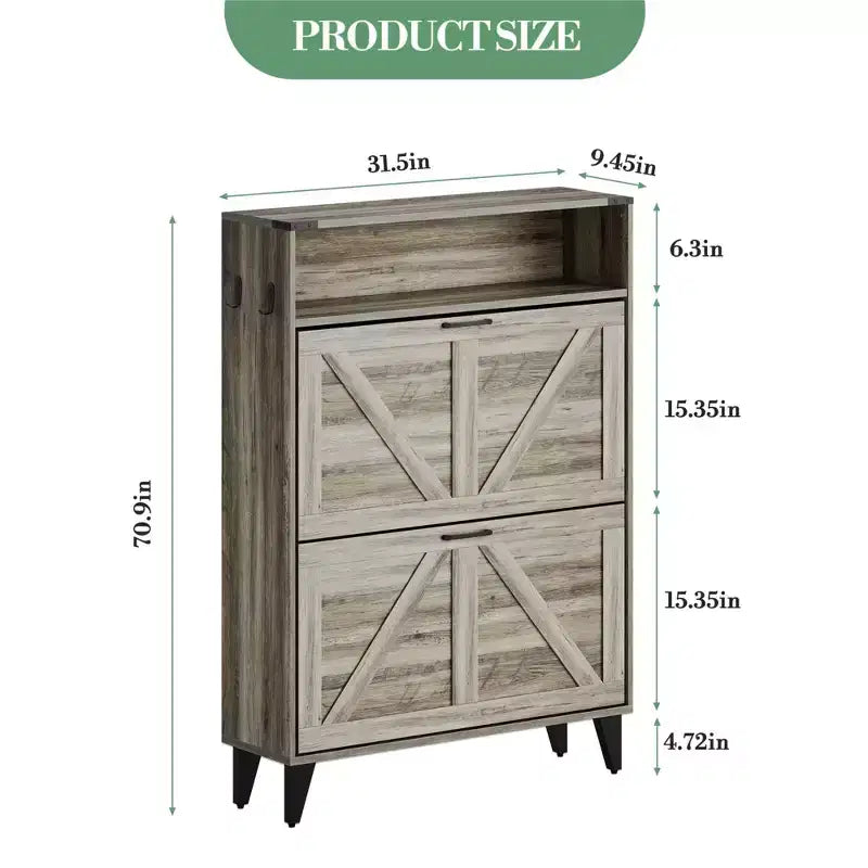 Shoe Cabinet with 2 Flip Drawers for Entryway, Freestanding Shoe Cabinet Organizer with Open Storage, Free Standing Shoe Rack Cabinet Corner