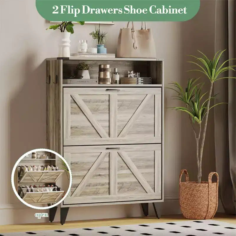 Shoe Cabinet with 2 Flip Drawers for Entryway, Freestanding Shoe Cabinet Organizer with Open Storage, Free Standing Shoe Rack Cabinet Corner