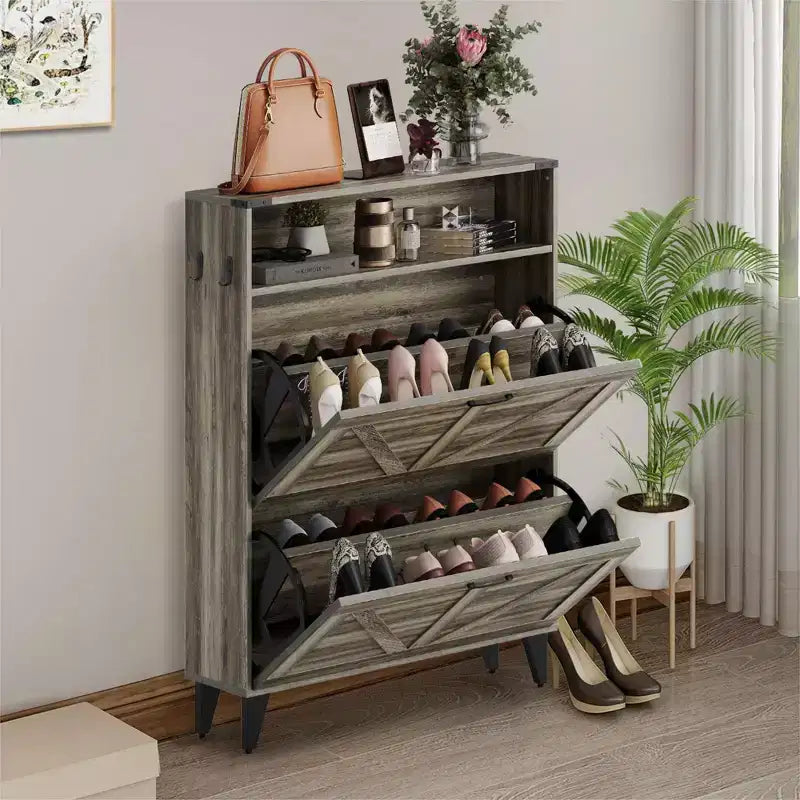 Shoe Cabinet with 2 Flip Drawers for Entryway, Freestanding Shoe Cabinet Organizer with Open Storage, Free Standing Shoe Rack Cabinet Corner