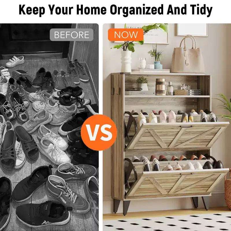 Shoe Cabinet with 2 Flip Drawers for Entryway, Freestanding Shoe Cabinet Organizer with Open Storage, Free Standing Shoe Rack Cabinet Corner