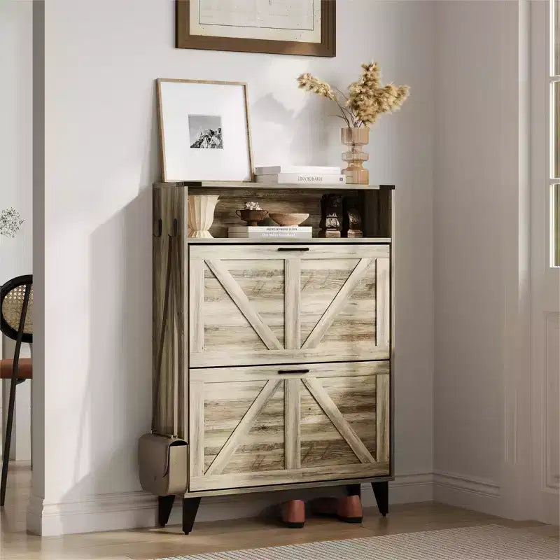 Shoe Cabinet with 2 Flip Drawers for Entryway, Freestanding Shoe Cabinet Organizer with Open Storage, Free Standing Shoe Rack Cabinet Corner