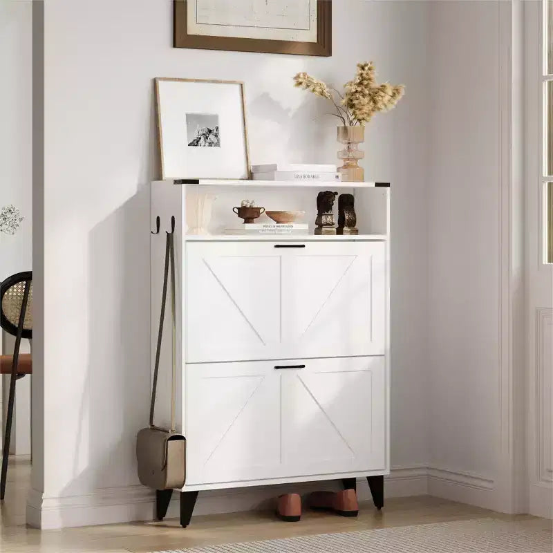 Shoe Cabinet with 2 Flip Drawers for Entryway, Freestanding Shoe Cabinet Organizer with Open Storage, Free Standing Shoe Rack Cabinet Corner