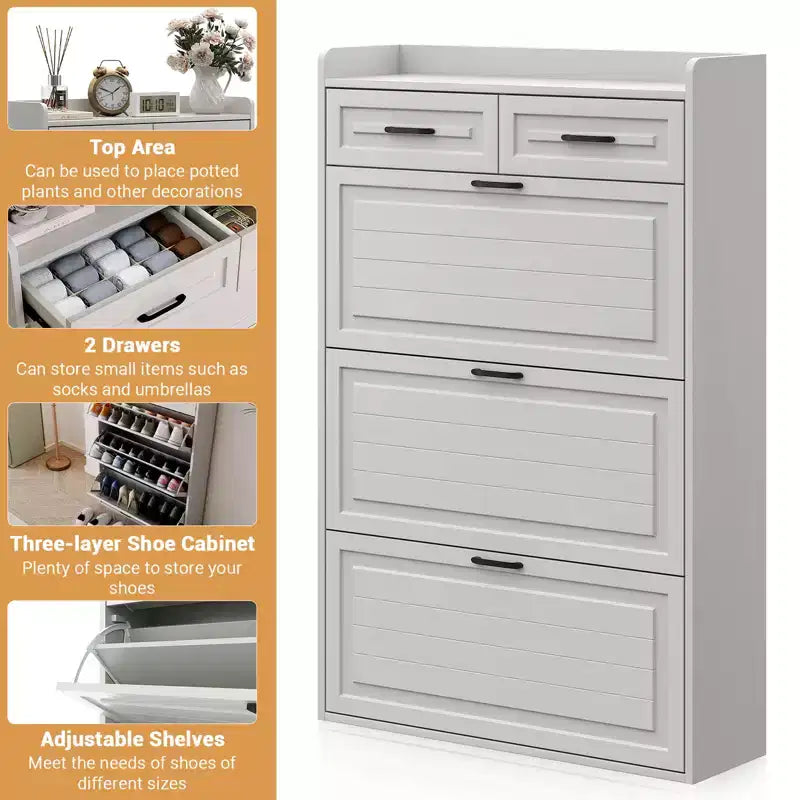 Shoe Cabinet with 3 Flip Drawers and 2 Drawers, Shoe Cabinet Storage for Entryway, Narrow Shoes Organizer for Entryway, White