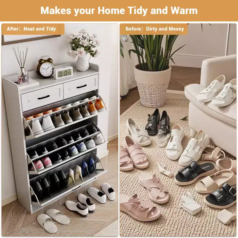 Shoe Cabinet with 3 Flip Drawers and 2 Drawers, Shoe Cabinet Storage for Entryway, Narrow Shoes Organizer for Entryway, White