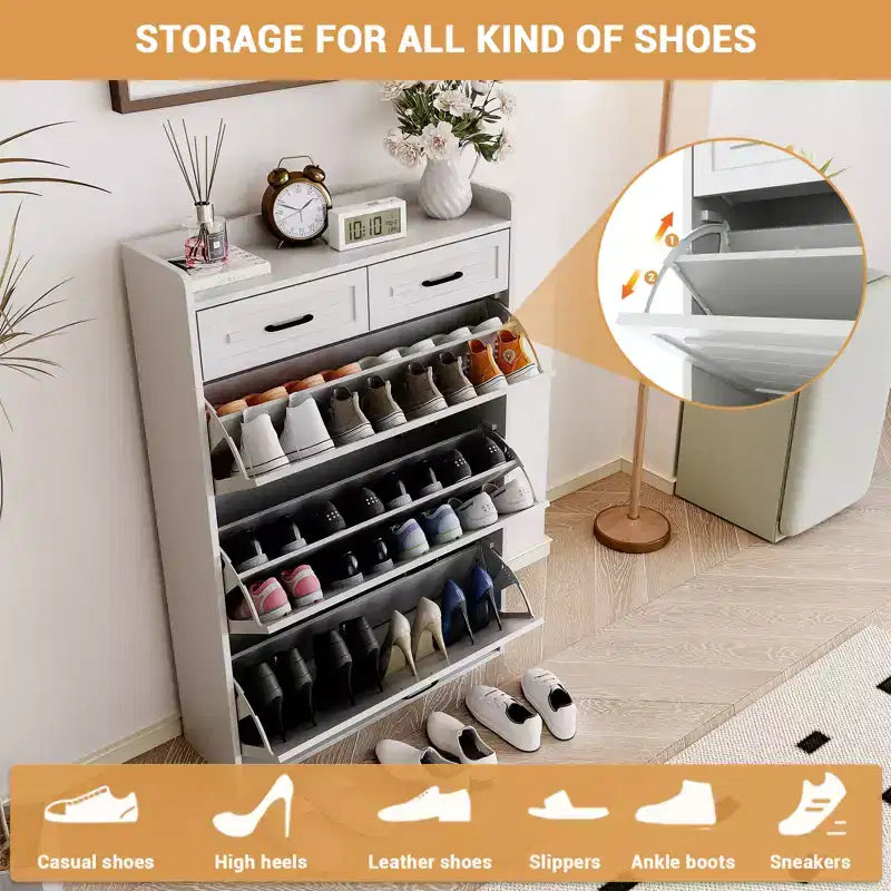 Shoe Cabinet with 3 Flip Drawers and 2 Drawers, Shoe Cabinet Storage for Entryway, Narrow Shoes Organizer for Entryway, White