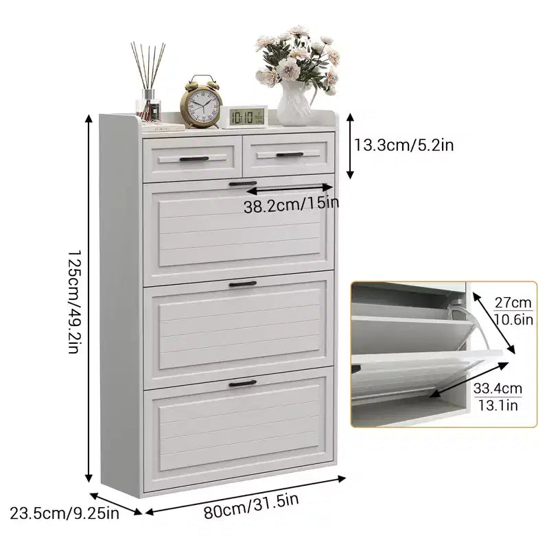 Shoe Cabinet with 3 Flip Drawers and 2 Drawers, Shoe Cabinet Storage for Entryway, Narrow Shoes Organizer for Entryway, White
