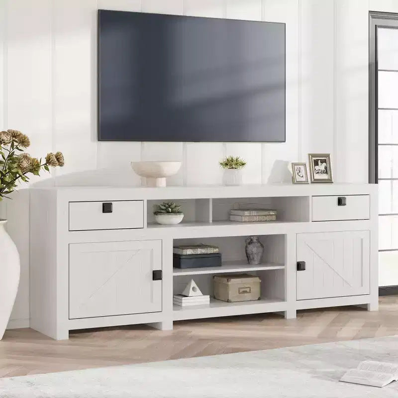 Farmhouse TV Stand for 75/80 Inch TVs, 70 Long Entertainment Center with 4 Storage Drawers & 3 Open Shelf, White Television Consoles Stands
