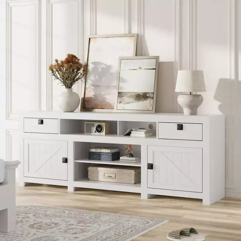Farmhouse TV Stand for 75/80 Inch TVs, 70 Long Entertainment Center with 4 Storage Drawers & 3 Open Shelf, White Television Consoles Stands