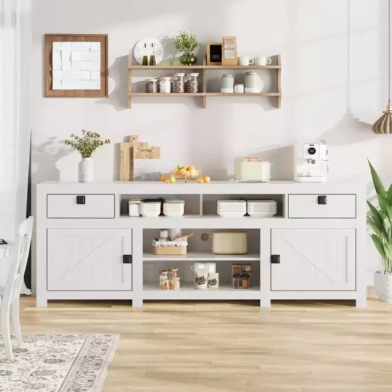 Farmhouse TV Stand for 75/80 Inch TVs, 70 Long Entertainment Center with 4 Storage Drawers & 3 Open Shelf, White Television Consoles Stands