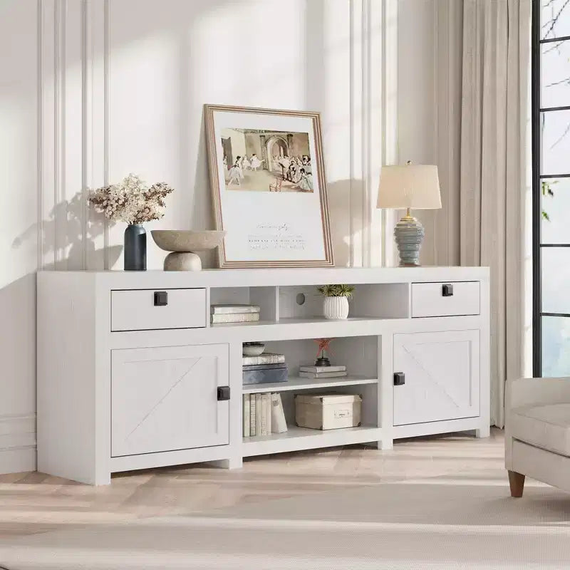 Farmhouse TV Stand for 75/80 Inch TVs, 70 Long Entertainment Center with 4 Storage Drawers & 3 Open Shelf, White Television Consoles Stands