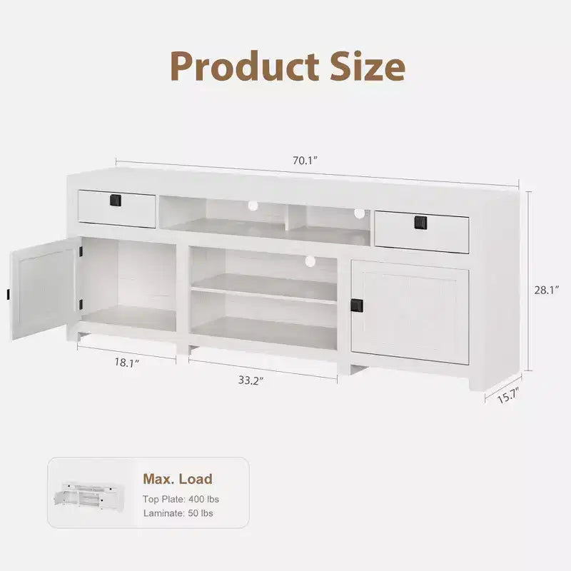 Farmhouse TV Stand for 75/80 Inch TVs, 70 Long Entertainment Center with 4 Storage Drawers & 3 Open Shelf, White Television Consoles Stands