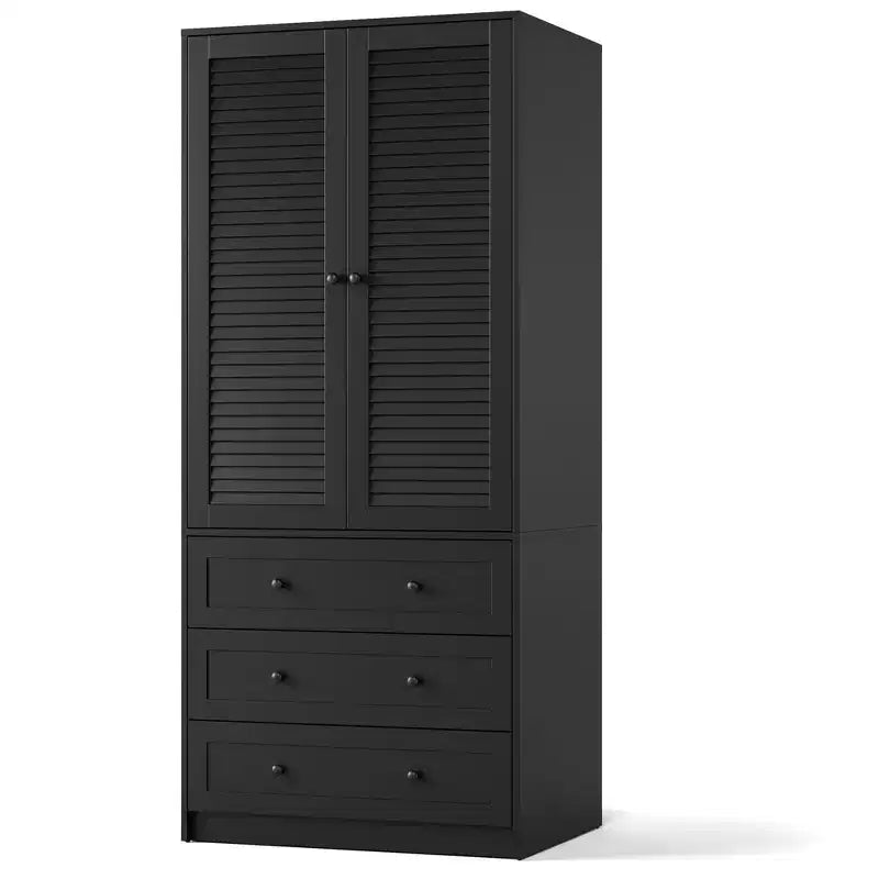 69.5 Inch Armoire Wardrobe Closet, Wooden Wardrobe Cabinet with 3 Drawers, Hanging Rod, 2 Doors, Clothing Storage Cabinet for Bedroom, Rattan Door