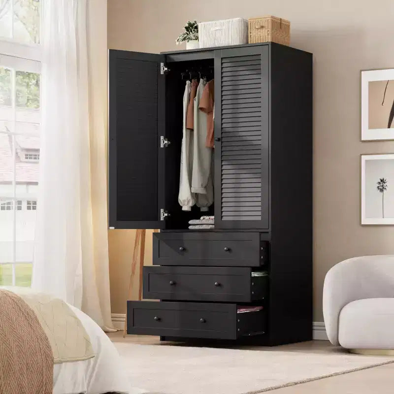 69.5 Inch Armoire Wardrobe Closet, Wooden Wardrobe Cabinet with 3 Drawers, Hanging Rod, 2 Doors, Clothing Storage Cabinet for Bedroom, Rattan Door