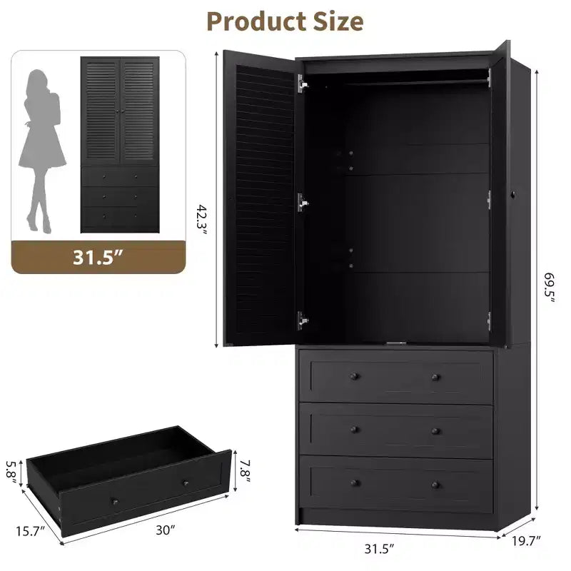 69.5 Inch Armoire Wardrobe Closet, Wooden Wardrobe Cabinet with 3 Drawers, Hanging Rod, 2 Doors, Clothing Storage Cabinet for Bedroom, Rattan Door