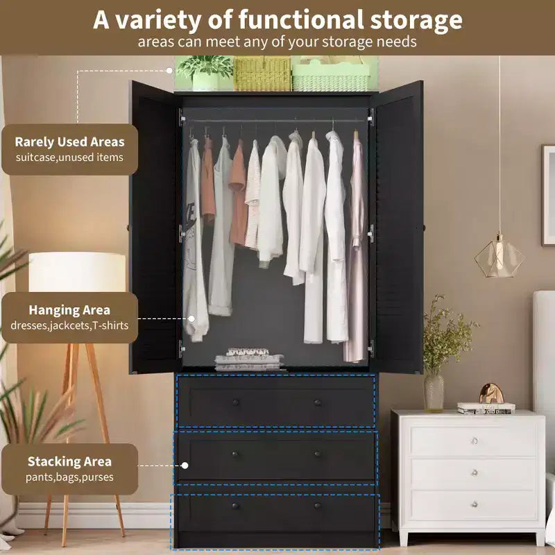 69.5 Inch Armoire Wardrobe Closet, Wooden Wardrobe Cabinet with 3 Drawers, Hanging Rod, 2 Doors, Clothing Storage Cabinet for Bedroom, Rattan Door