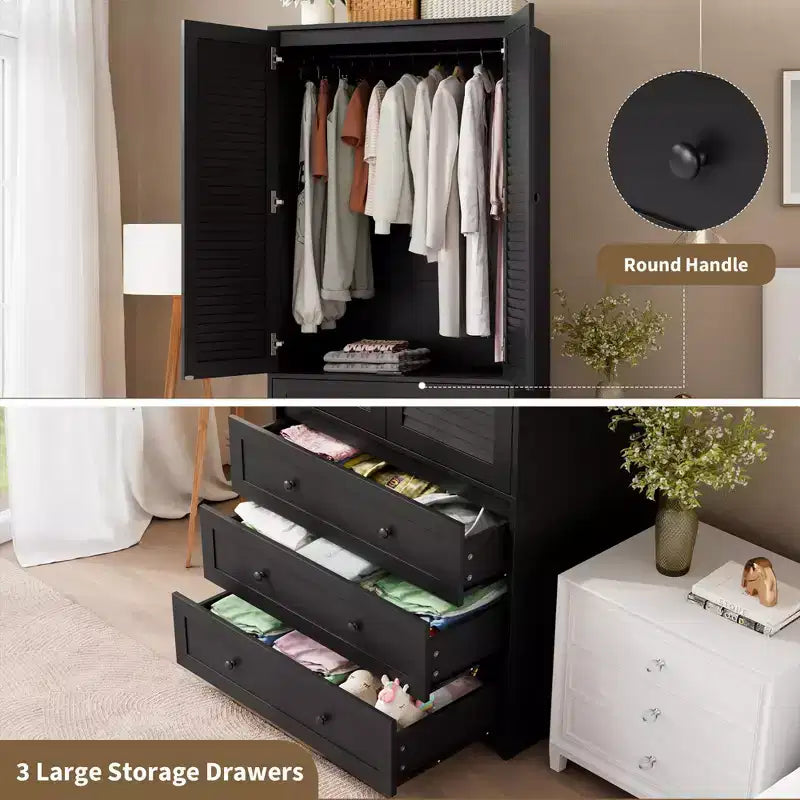 69.5 Inch Armoire Wardrobe Closet, Wooden Wardrobe Cabinet with 3 Drawers, Hanging Rod, 2 Doors, Clothing Storage Cabinet for Bedroom, Rattan Door