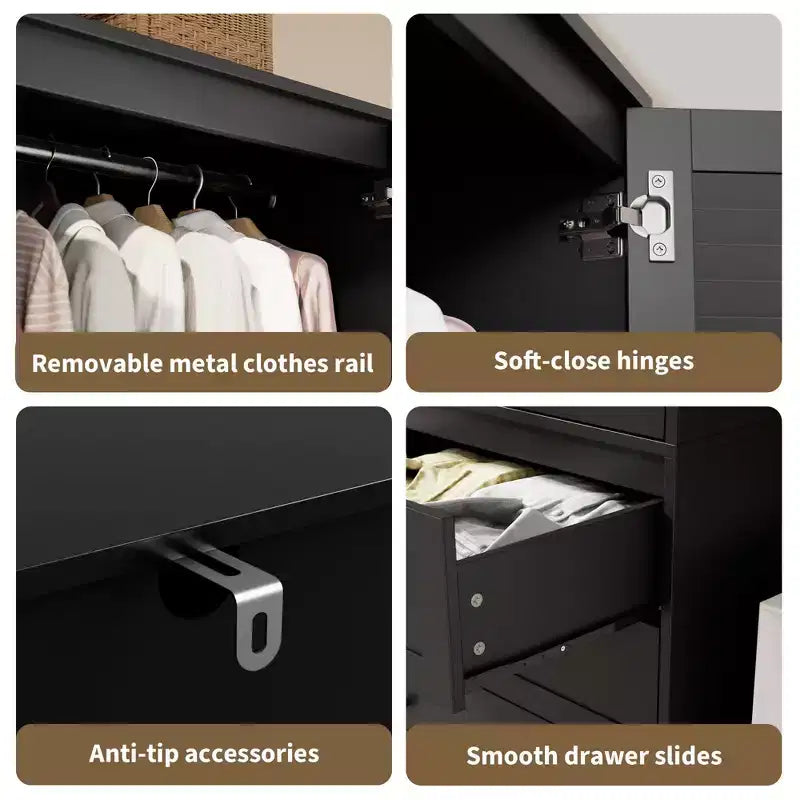 69.5 Inch Armoire Wardrobe Closet, Wooden Wardrobe Cabinet with 3 Drawers, Hanging Rod, 2 Doors, Clothing Storage Cabinet for Bedroom, Rattan Door