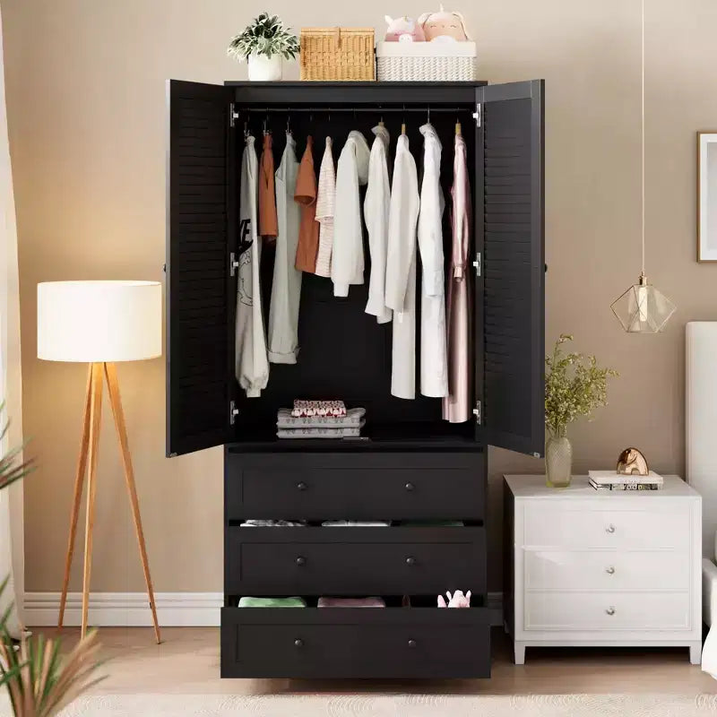 69.5 Inch Armoire Wardrobe Closet, Wooden Wardrobe Cabinet with 3 Drawers, Hanging Rod, 2 Doors, Clothing Storage Cabinet for Bedroom, Rattan Door