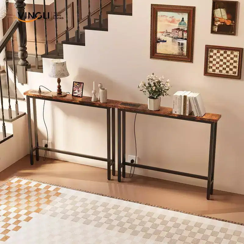 Rust Brown 2-piece Set Melamine + Iron Hallway Table with Power Strip