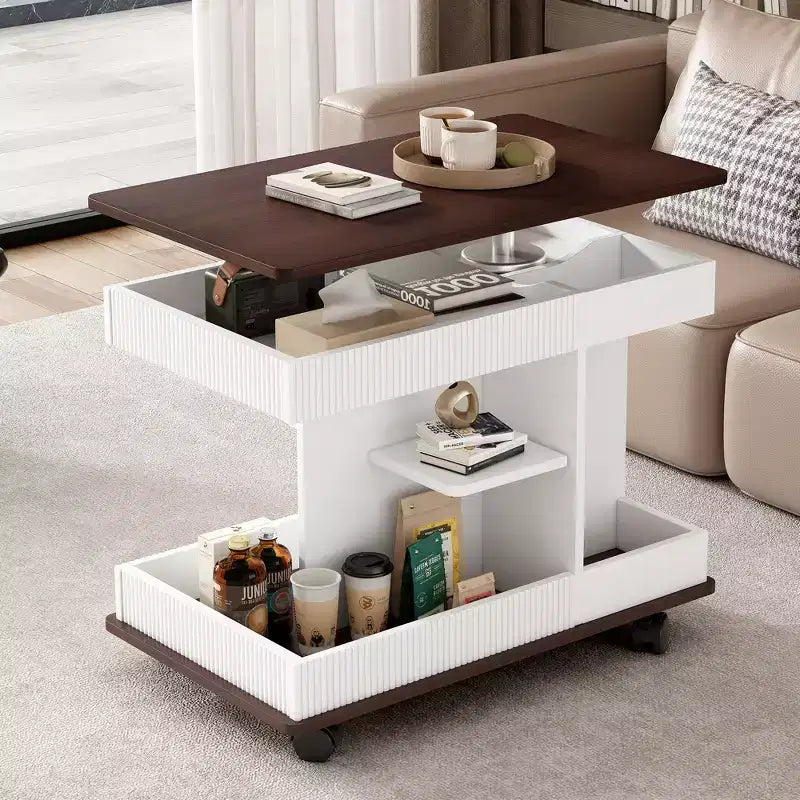 Bestier Side Table with Wheels, Modern Lift-Top End Table with 360 Rotating Top, Sofa Side Table with Storage Space for Living Room, Bedroom