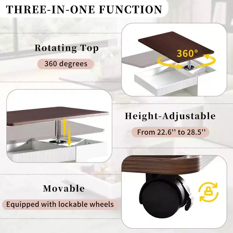 Bestier Side Table with Wheels, Modern Lift-Top End Table with 360 Rotating Top, Sofa Side Table with Storage Space for Living Room, Bedroom