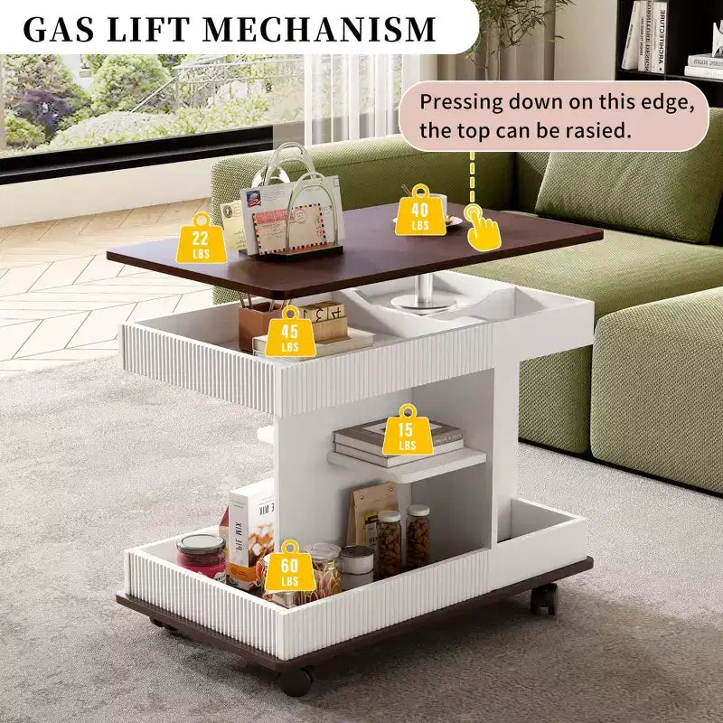 Bestier Side Table with Wheels, Modern Lift-Top End Table with 360 Rotating Top, Sofa Side Table with Storage Space for Living Room, Bedroom