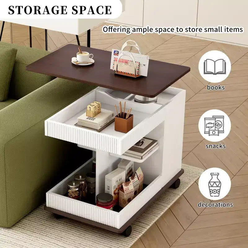 Bestier Side Table with Wheels, Modern Lift-Top End Table with 360 Rotating Top, Sofa Side Table with Storage Space for Living Room, Bedroom