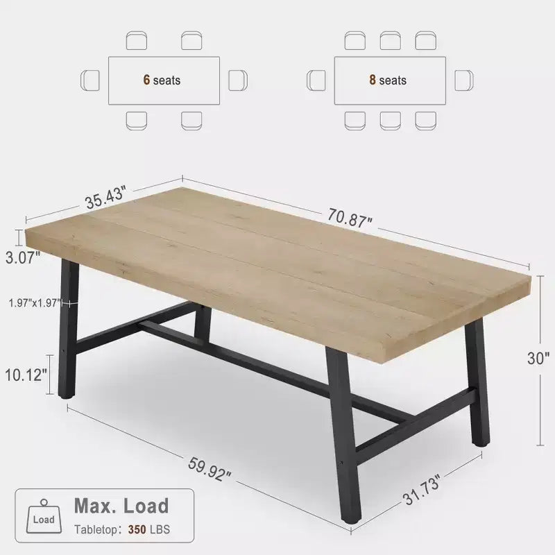71 In Dining Table for 6-10,Modern Farmhouse Rectangular Kitchen Table,with Adjustable Feet & Sturdy Metal Framefor,Dining Room,Living Room,No Chair
