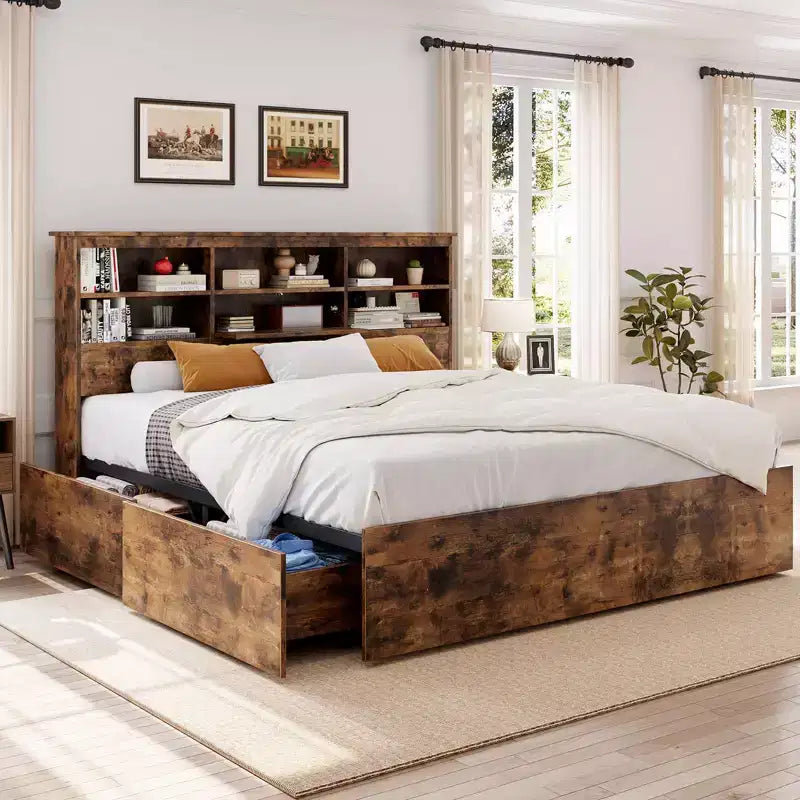 Full Bed Frame with Storage Headboard, Wooden Bed Frame with 4 Drawers, Storage Bookcase & King Size Platform Bed with Strong Metal Support