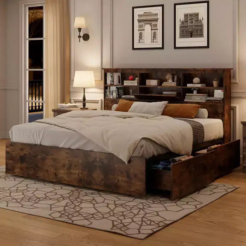 Full Bed Frame with Storage Headboard, Wooden Bed Frame with 4 Drawers, Storage Bookcase & King Size Platform Bed with Strong Metal Support